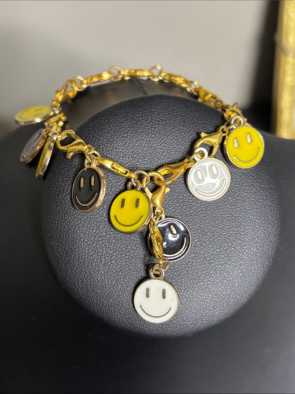 Gold Tone Smile Face Charm Bracelet – Yellow, Black, White Smiley Enamel